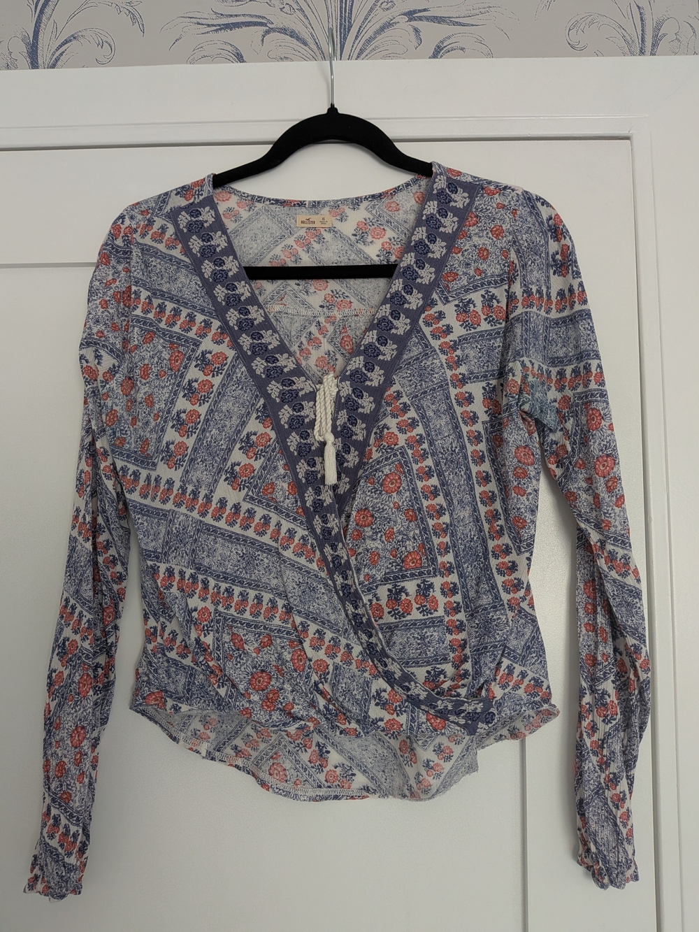 Hollister Floral Wrap Blouse in Blue and Coral